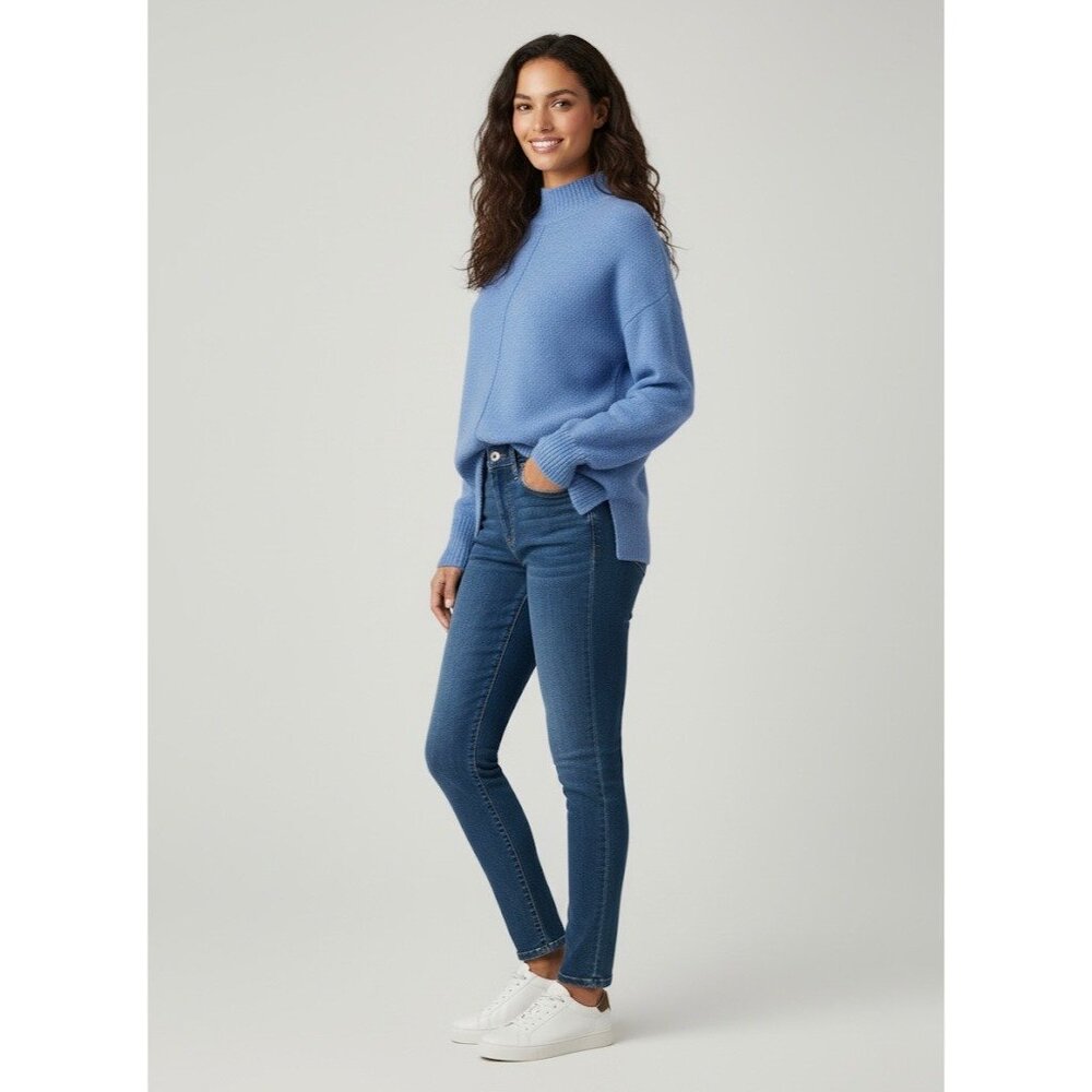 Tahari Blue Mock Neck Ribbed Sweater | Coastal Grandmother Quiet Luxury Preppy S - Picture 7 of 16